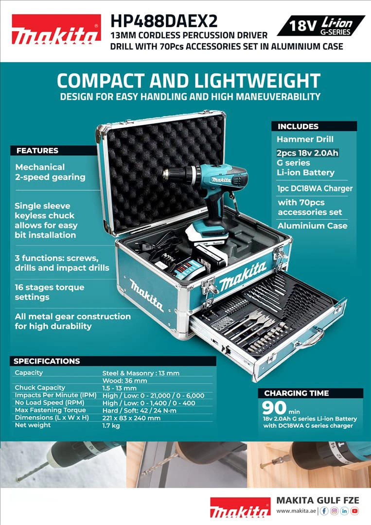 13mm - Cordless Hammer Driver Drill (HP488DAEX2/220) for 18v LI-ION - Image 2