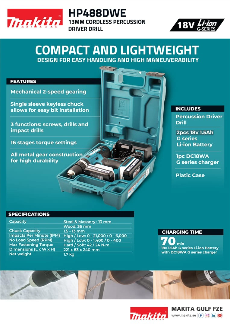 13mm - Cordless Hammer Driver Drill (HP488DWE) for 18v LI-ION - Image 2